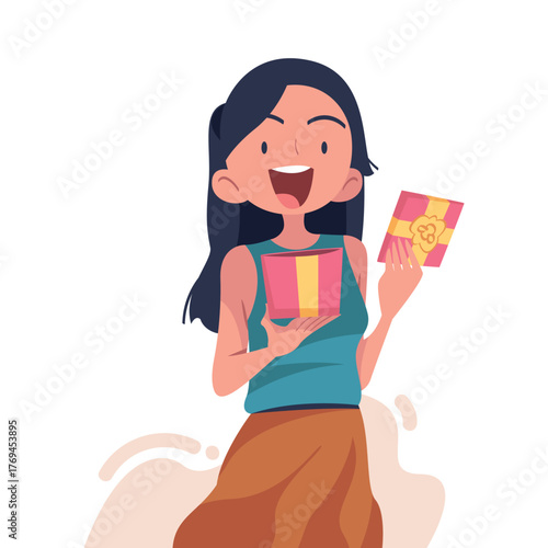 Woman with Gift Box Wrapped with Ribbon Vector Illustration