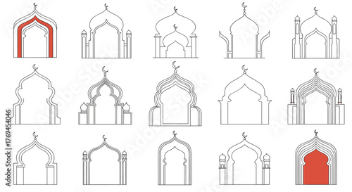 A collection of outlined Islamic mosque arches and mihrabs, featuring intricate designs and crescent moon symbols for religious templates.