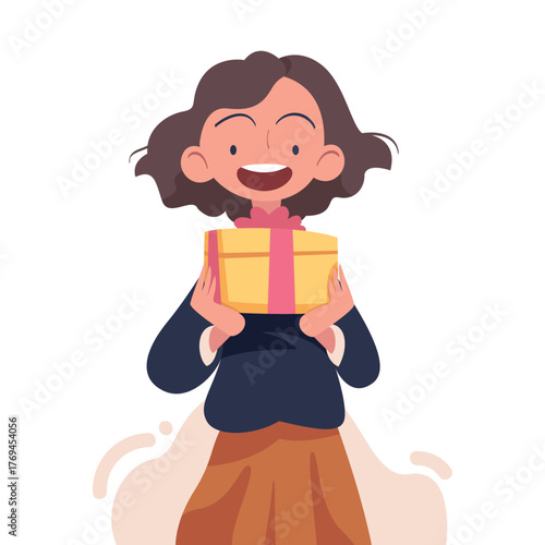 Woman with Gift Box Wrapped with Ribbon Vector Illustration