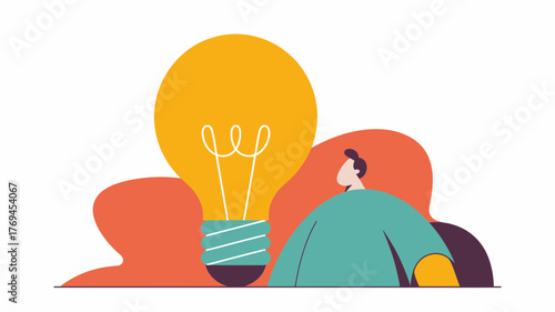 Person contemplating a large glowing light bulb representing a brilliant idea or innovation concept