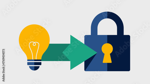 Conceptual illustration of a bright idea transforming into a secure concept represented by a padlock and keyhole