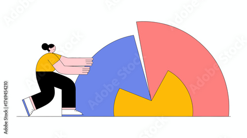 A determined woman pushes a large blue segment of a colorful pie chart demonstrating effort and progress in business strategy