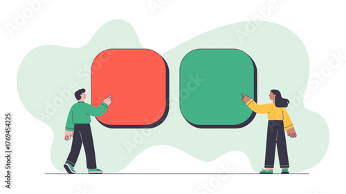 Two people pointing at blank colorful squares representing choices or ideas on a light green background
