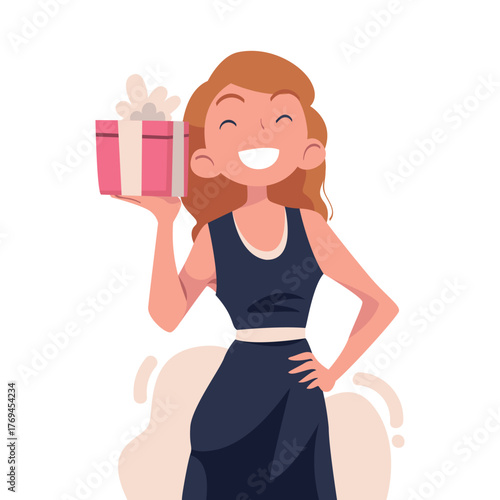Woman with Gift Box Wrapped with Ribbon Vector Illustration