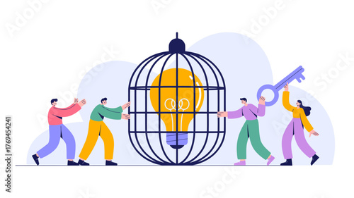 Team unlocking a bright idea trapped inside a birdcage with a large key representing innovation and creativity