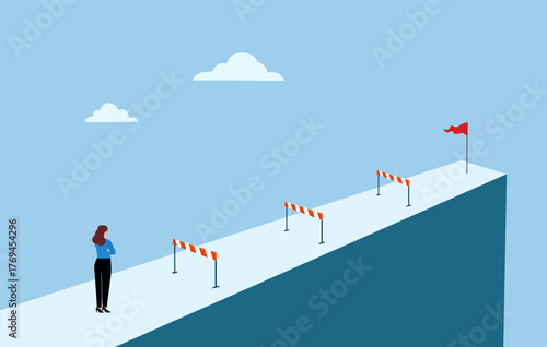 Business obstacles, pitfalls, Analysis of ways to avoid business failure, Risk of economic crisis, Businessman thinking of solving many traps and obstacles ahead, Flat vector design illustration.