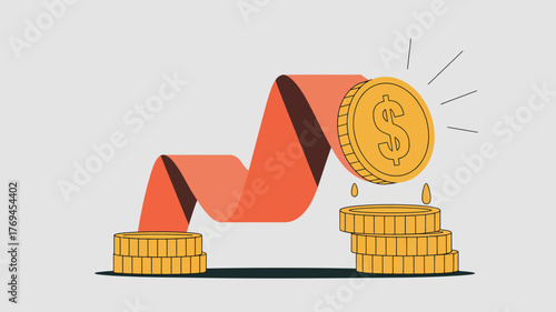 Stylized illustration of a rising ribbon graph leading to a large gold coin with a dollar sign and falling coins symbolizing financial growth and success