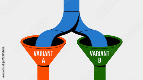 Abstract illustration of a branching process where one stream splits into two distinct variants a and b flowing into separate funnels