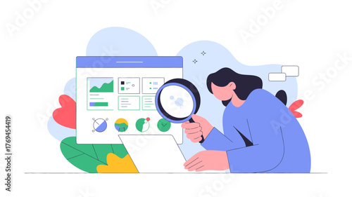 A woman with a magnifying glass examines a digital dashboard filled with charts and graphs symbolizing data analysis and research