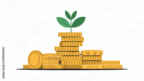 A plant growing from a stack of gold coins symbolizing financial growth and investment success