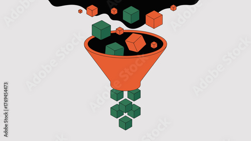 Abstract representation of data filtering process with orange funnel and green and orange cubes flowing through