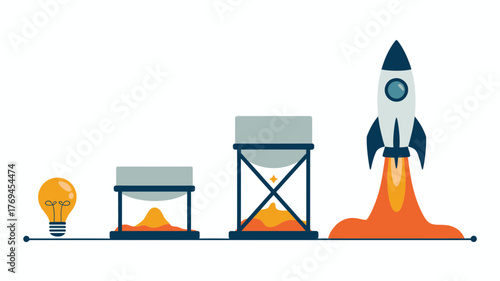 Conceptual illustration of a business startup journey from idea generation through time progression to successful rocket launch