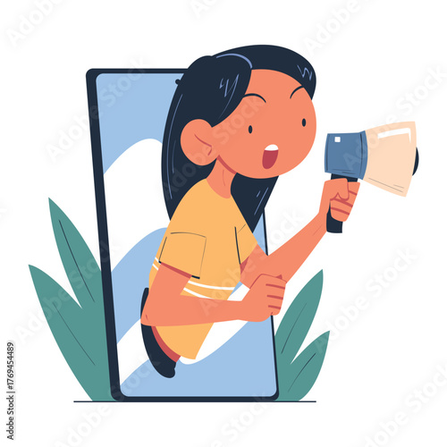 Woman with Megaphone Look Out from Smartphone Screen Vector Illustration