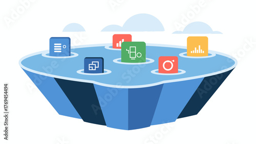 Abstract representation of cloud computing services and data analytics platforms connected on an island