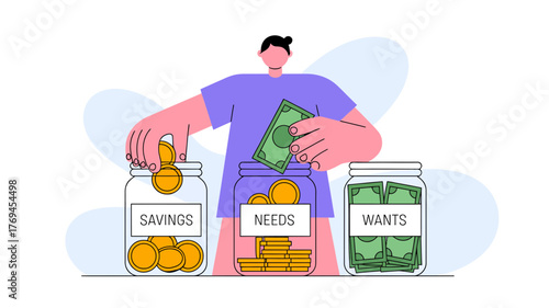 Person sorting money into three jars labeled savings needs and wants illustrating financial planning and budgeting concepts