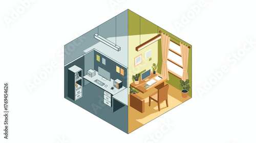 Split isometric view of a modern office cubicle contrasted with a cozy home office workspace with natural light and plants