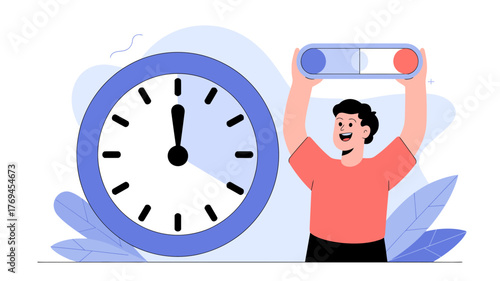 Man holding a battery level indicator next to a large clock symbolizing time management and energy conservation concepts