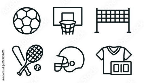 Set of sports icons including a soccer ball, basketball, baseball bat