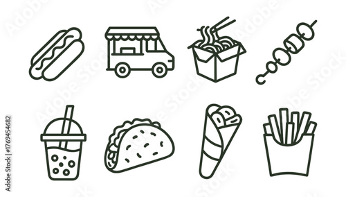 Series of food items and a food truck are shown in a white background
