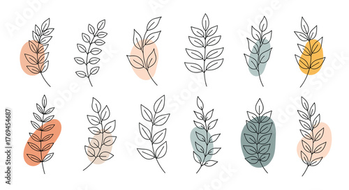 Minimalist hand-drawn botanical seamless pattern featuring various line art leaf branches, accented with soft pastel abstract shapes on a clean white background.