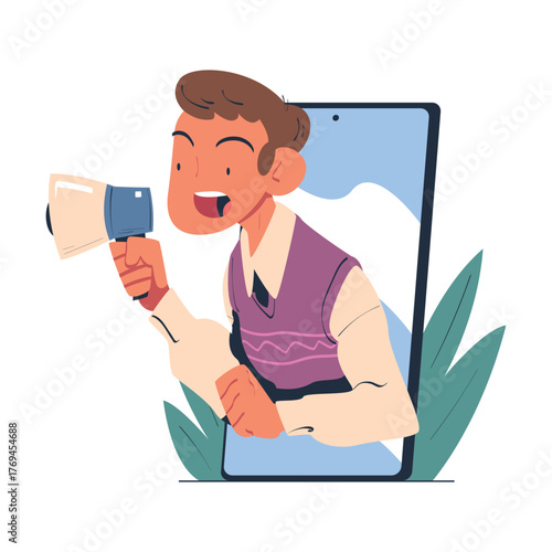 Man with Megaphone Look Out from Smartphone Screen Vector Illustration