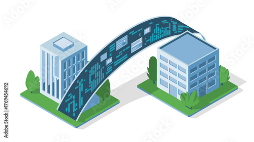 Isometric illustration of digital data flowing between two modern office buildings connected by a futuristic data stream
