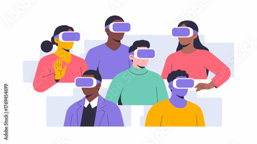 Diverse group of people wearing virtual reality headsets experiencing immersive digital worlds together