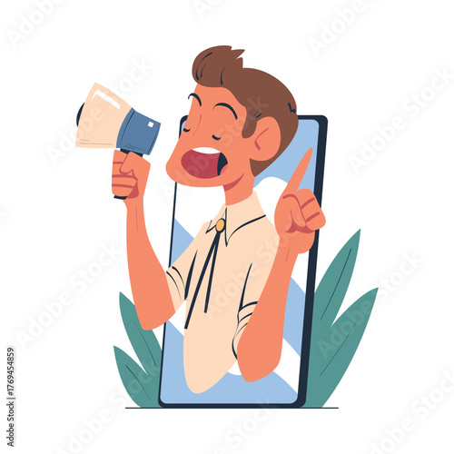 Man with Megaphone Look Out from Smartphone Screen Vector Illustration
