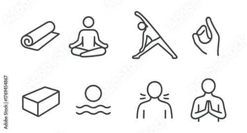 Series of yoga poses and relaxation techniques are shown in a white background