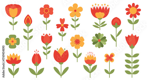 A cheerful assortment of simple, flat-design flowers in various shapes and sizes, featuring red, orange, and green hues for natural themes.
