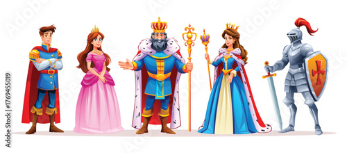 Royal medieval characters. Handsome prince, beautiful princess, regal king, queen, and armored knight standing together. Vector cartoon character illustration