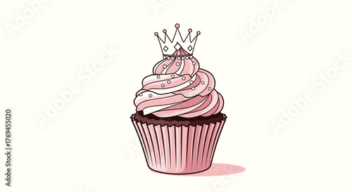 An adorable pink frosted cupcake adorned with a dainty crown and white sprinkles, set against a light background.