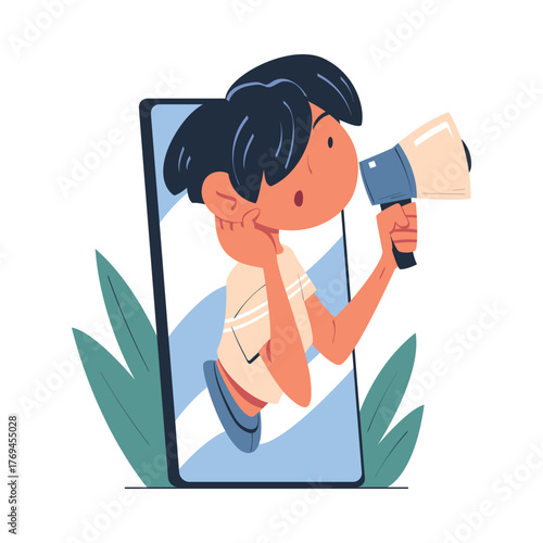 Man with Megaphone Look Out from Smartphone Screen Vector Illustration