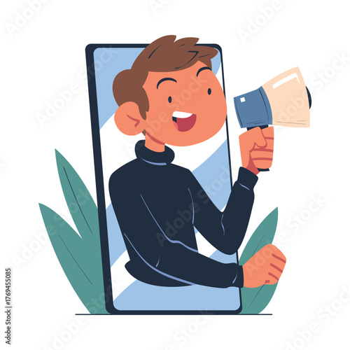 Man with Megaphone Look Out from Smartphone Screen Vector Illustration