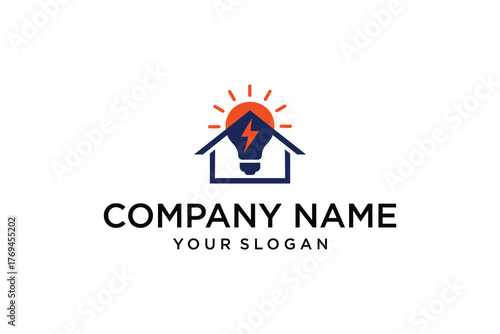 Home Energy Solution Logo with House, Light Bulb, Lightning Bolt, and Sun Symbol