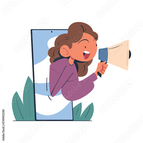 Woman with Megaphone Look Out from Smartphone Screen Vector Illustration