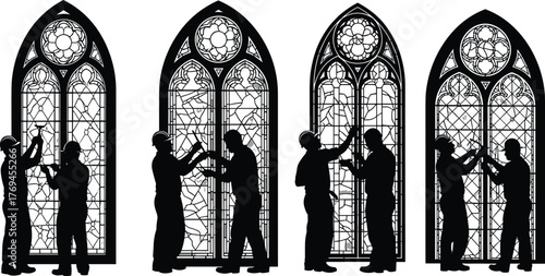 Silhouette vector illustration of workers inspecting and restoring stained glass windows with ornate patterns, teamwork, craftsmanship, safety, architecture, religion, and heritage