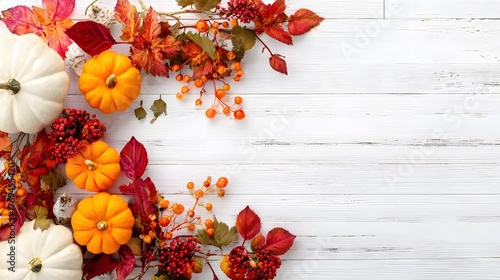 Stock flat-lay shot from above: white wooden tabletop, right-side cluster of pastel pumpkins and colorful maple leaves, vast clean area left for your design or text