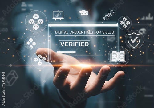 A person is holding a digital interface displaying verified digital credentials for skills, representing the future of education, learning, and career development