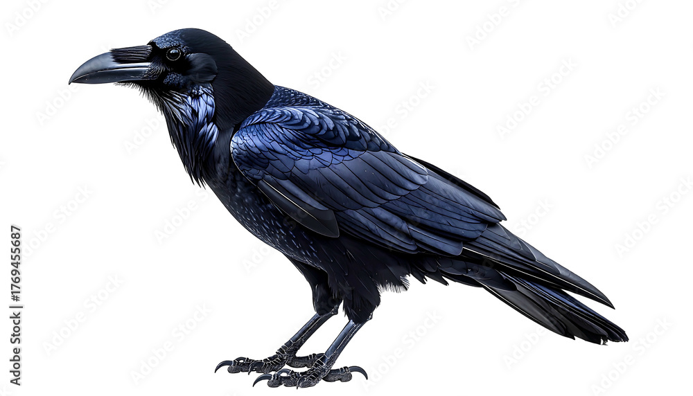 Fototapeta premium Majestic raven, depicted in stunning detail, stands out against the stark black backdrop. Feathers shimmer with blue hues