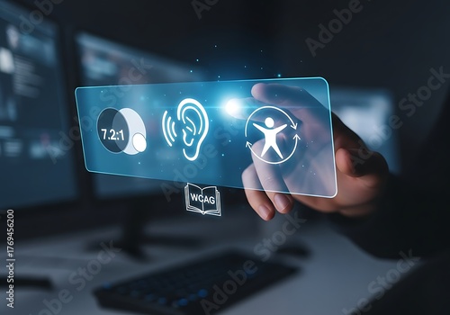 A person is pressing a digital button with the accessibility icon, which represents the degree to which a product, device, service, or environment is available to as many people as possible