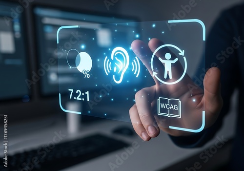 A person is pressing a digital button with the accessibility icon, which represents the degree to which a product, device, service, or environment is available to as many people as possible