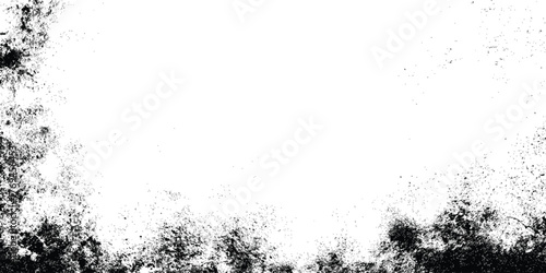 Grunge speckled border frame with black ink splatter on white background, distressed texture with copy space for design.