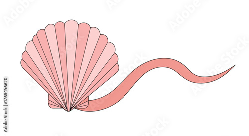 A stylized pink scallop seashell with a long, flowing wavy ribbon extending from its base on a white background.