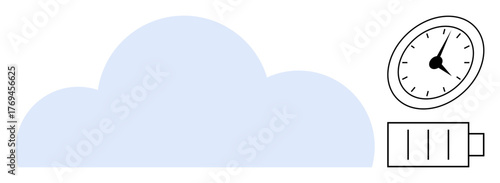 Blue cloud, analog clock showing time, and low battery icon. Ideal for productivity, digital services, efficiency, time management, energy saving cloud computing tech solutions. Simple flat