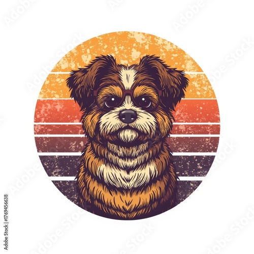 Retro dog illustration with sunglasses on a sunset background