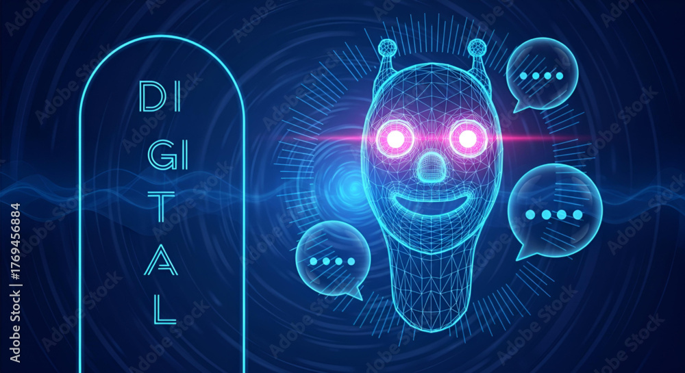 Fototapeta premium Digital ai chatbot robot face with speech bubbles artificial intelligence