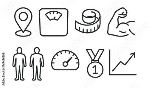 Set of icons for fitness and health, including a scale, a measuring tape