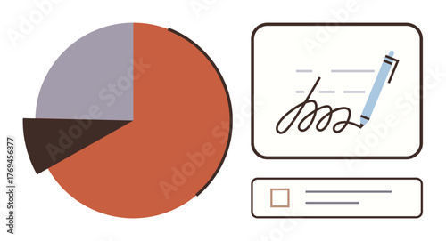 Pie chart with data segments alongside digital signature interface, pen, and checkbox. Ideal for data analysis, business, technology, security, approval processes, visualization digital