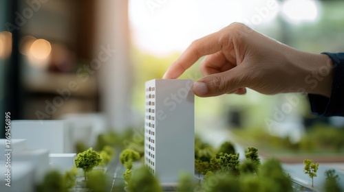 Right hand pinching top edge of miniature white building model on architectural layout with trees and soft natural light, conveying planning and creative decision
